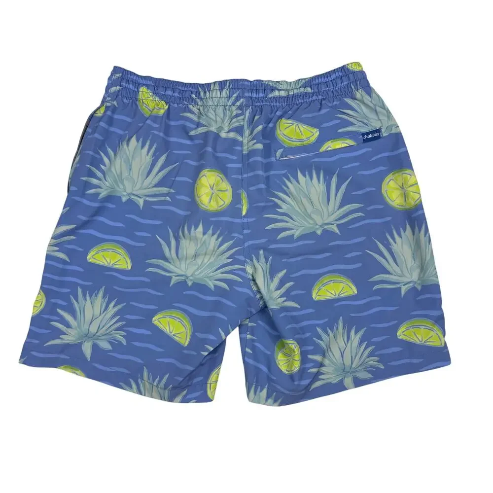 Chubbies The Salt Times Size Medium 7” Inseam Swim Trunks Blue Agave Lime Print
